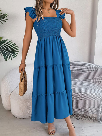 Smocked Square Neck Cap Sleeve Midi Dress Southern Soul Collectives