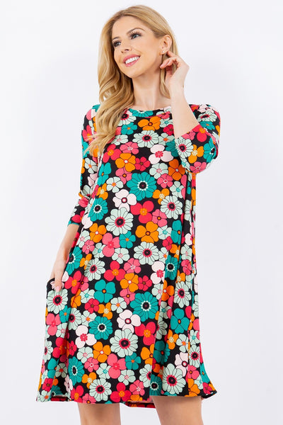 Floral Three-Quarter Sleeve Dress with Pockets Southern Soul Collectives