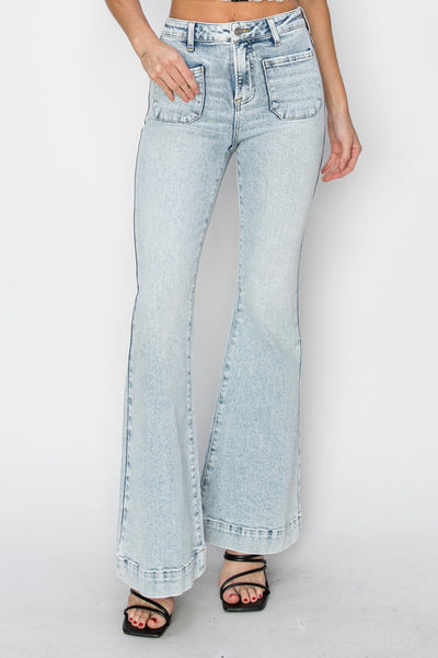 Risen High Rise Front Patch Pocket Flare Jeans Southern Soul Collectives