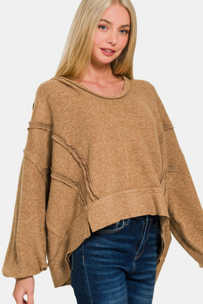 Zenana Brushed Hacci Exposed Seam Hoodie in Camel Southern Soul Collectives