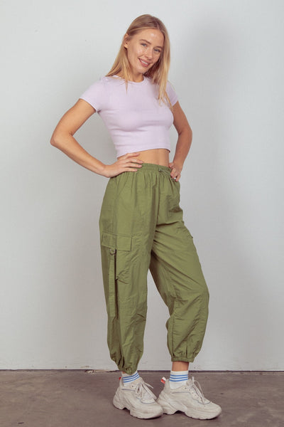 Elastic Waist Woven Cargo Pants in Olive Southern Soul Collectives