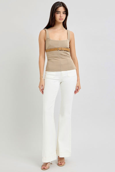 RISEN High Rise Front Patch Pocket Flare Jeans in Cream Southern Soul Collectives