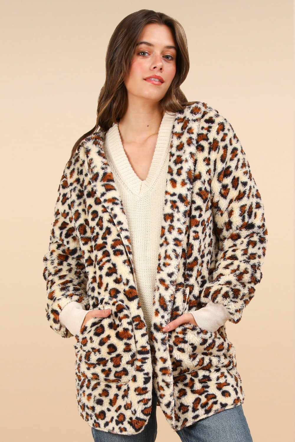 Fuzzy Leopard Print Long Sleeve Hooded Jacket in Ivory Southern Soul Collectives