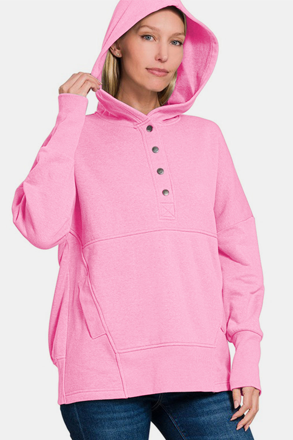 Zenana Half Snap Long Sleeve Hoodie with Kangaroo Pocket in Pink Southern Soul Collectives