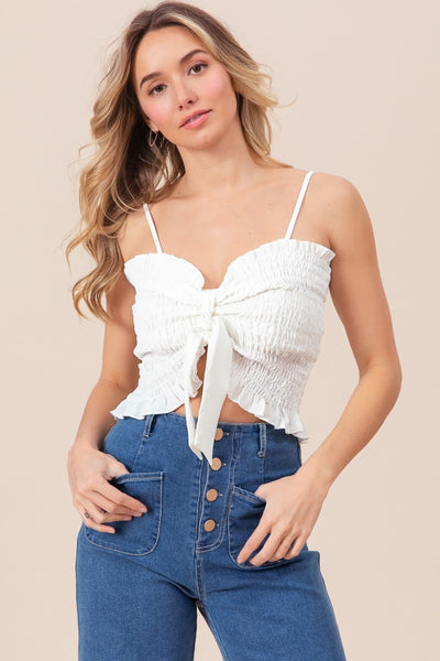 Ruffled Smocked Ribbon Detail Cami in Off White Southern Soul Collectives