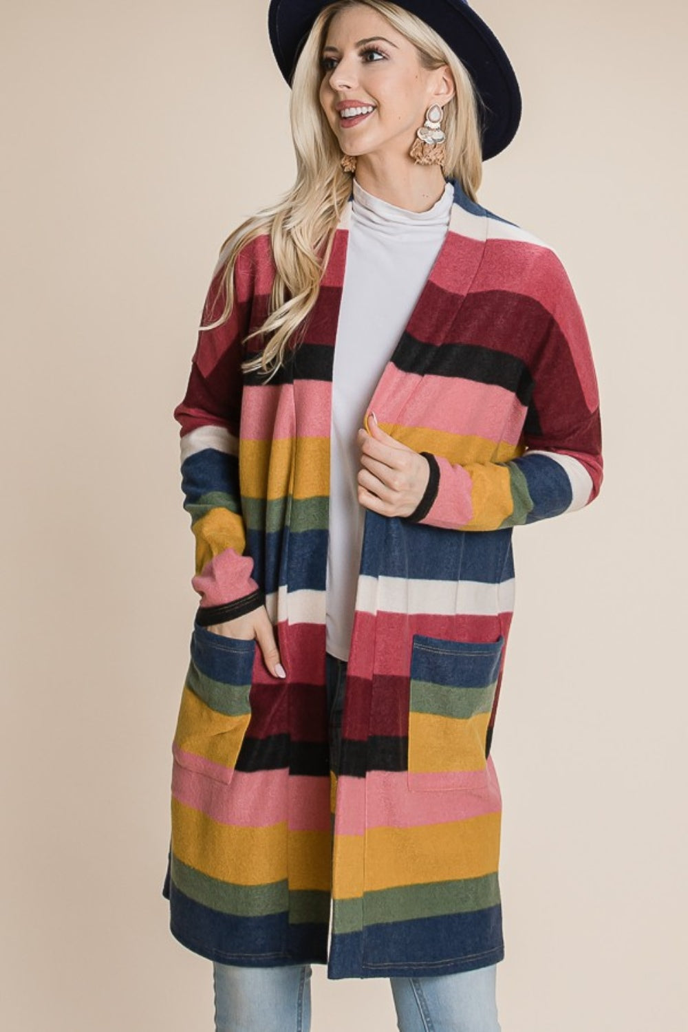 BOMBOM Color Block Striped Open Front Cardigan Southern Soul Collectives