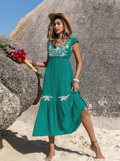 Embroidered Square Neck Cap Sleeve Dress Southern Soul Collectives