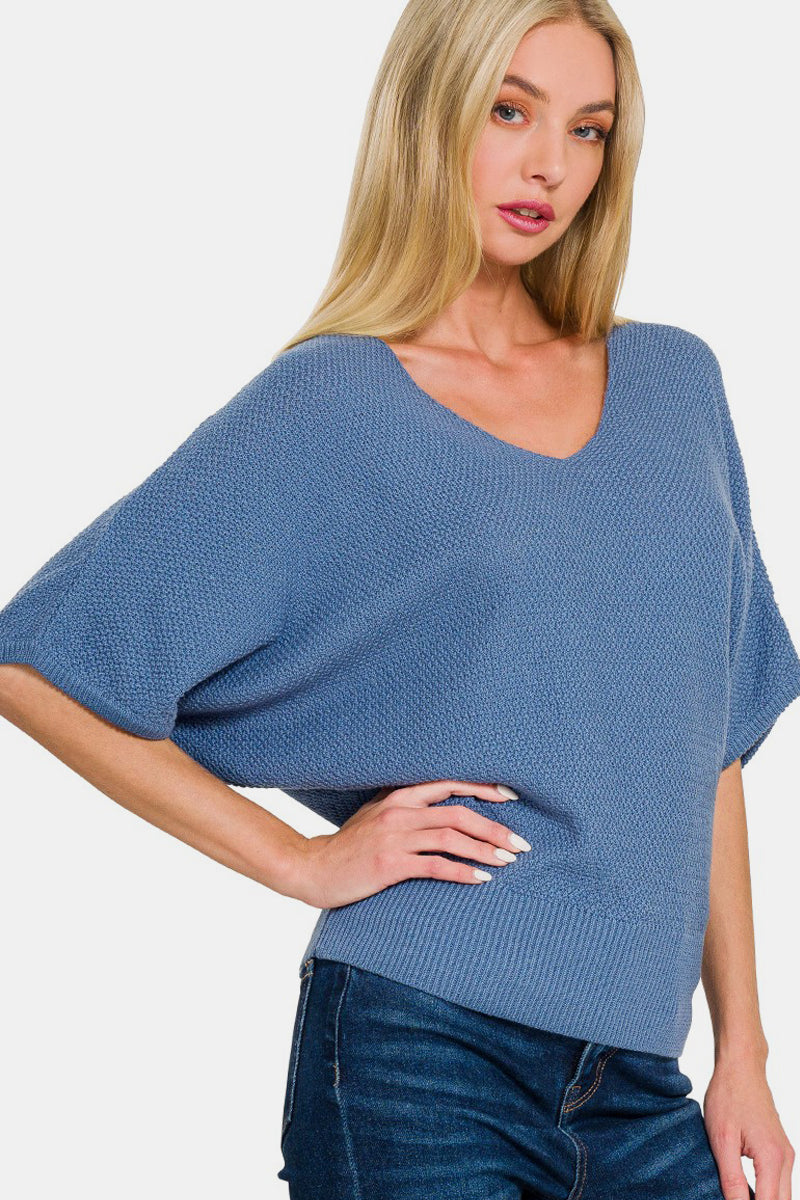 Zenana V-Neck Short Sleeve Dolman Sweater Southern Soul Collectives