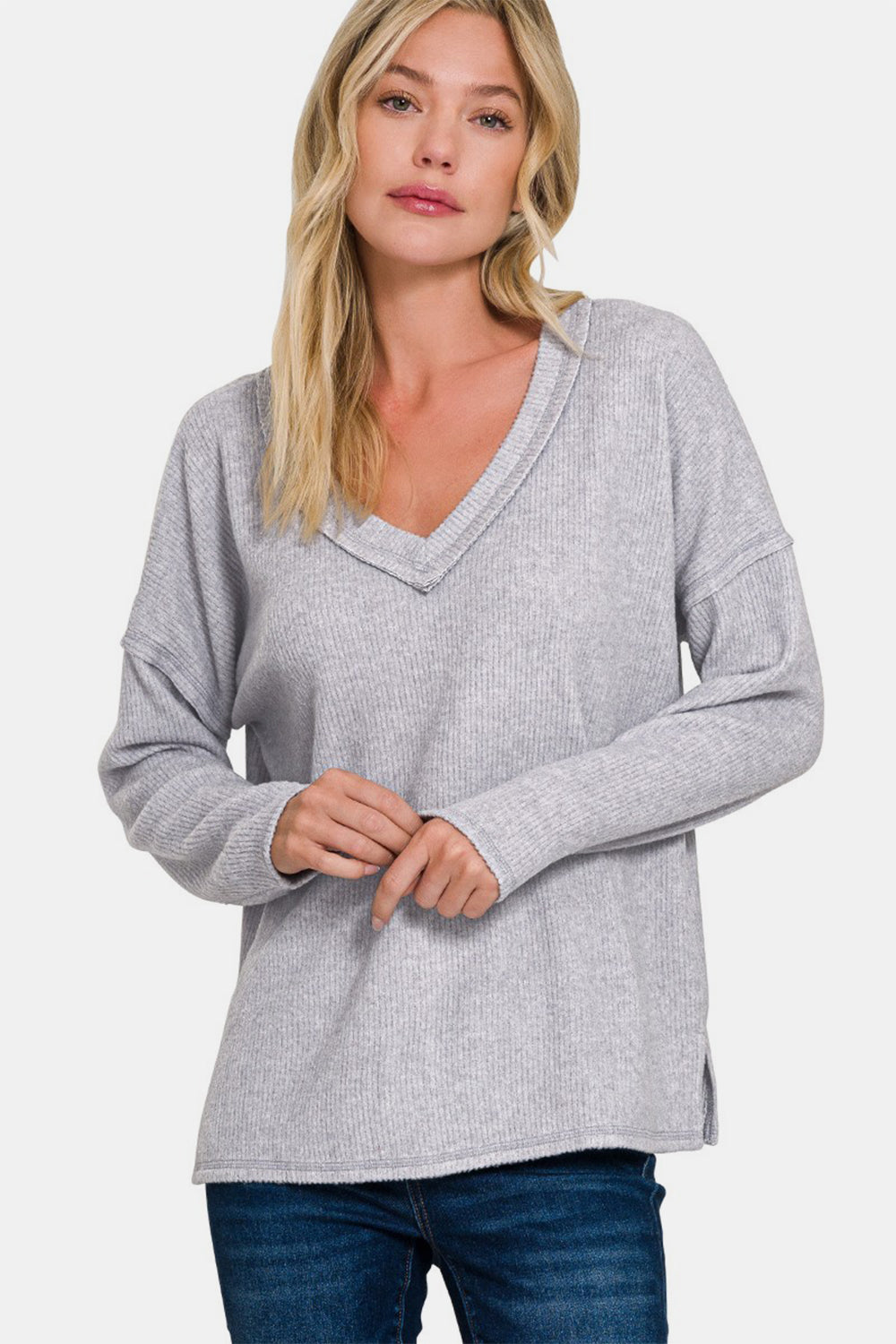 Zenana Ribbed V-Neck Drop Shoulder Top in Heather Grey Southern Soul Collectives