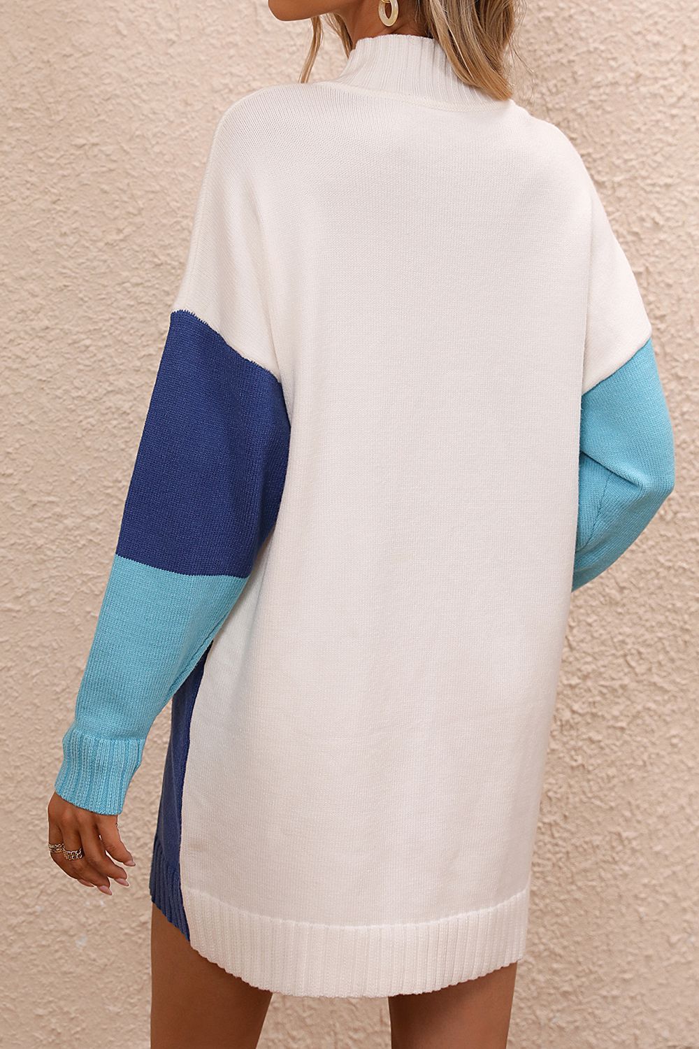 Color Block Mock Neck Dropped Shoulder Sweater Dress Southern Soul Collectives