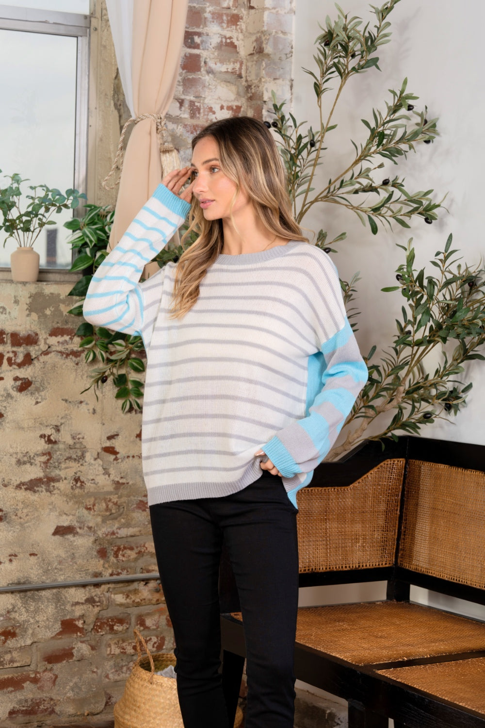 Striped Dropped Shoulder Round Neck Sweater in Grey Blue Southern Soul Collectives