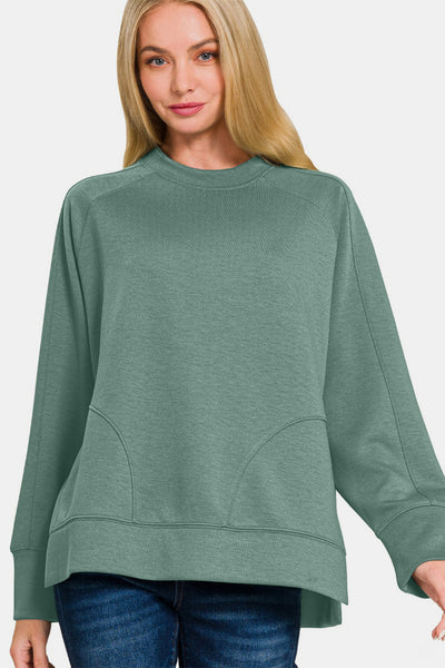 Zenana Scuba Round Neck Side Slit Sweatshirt Southern Soul Collectives