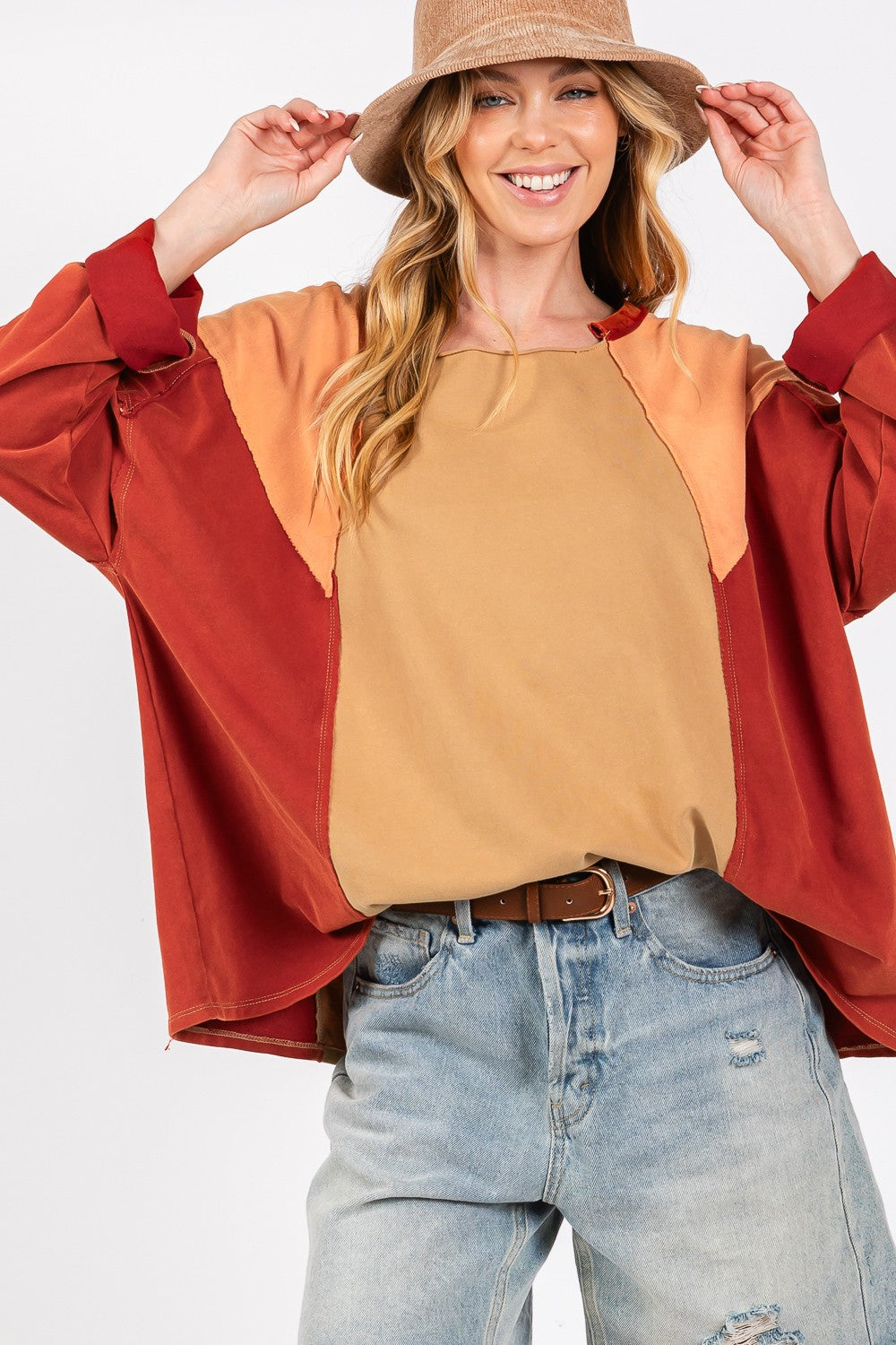 Mineral Wash Color Block Pullover Top in Red Toast Southern Soul Collectives