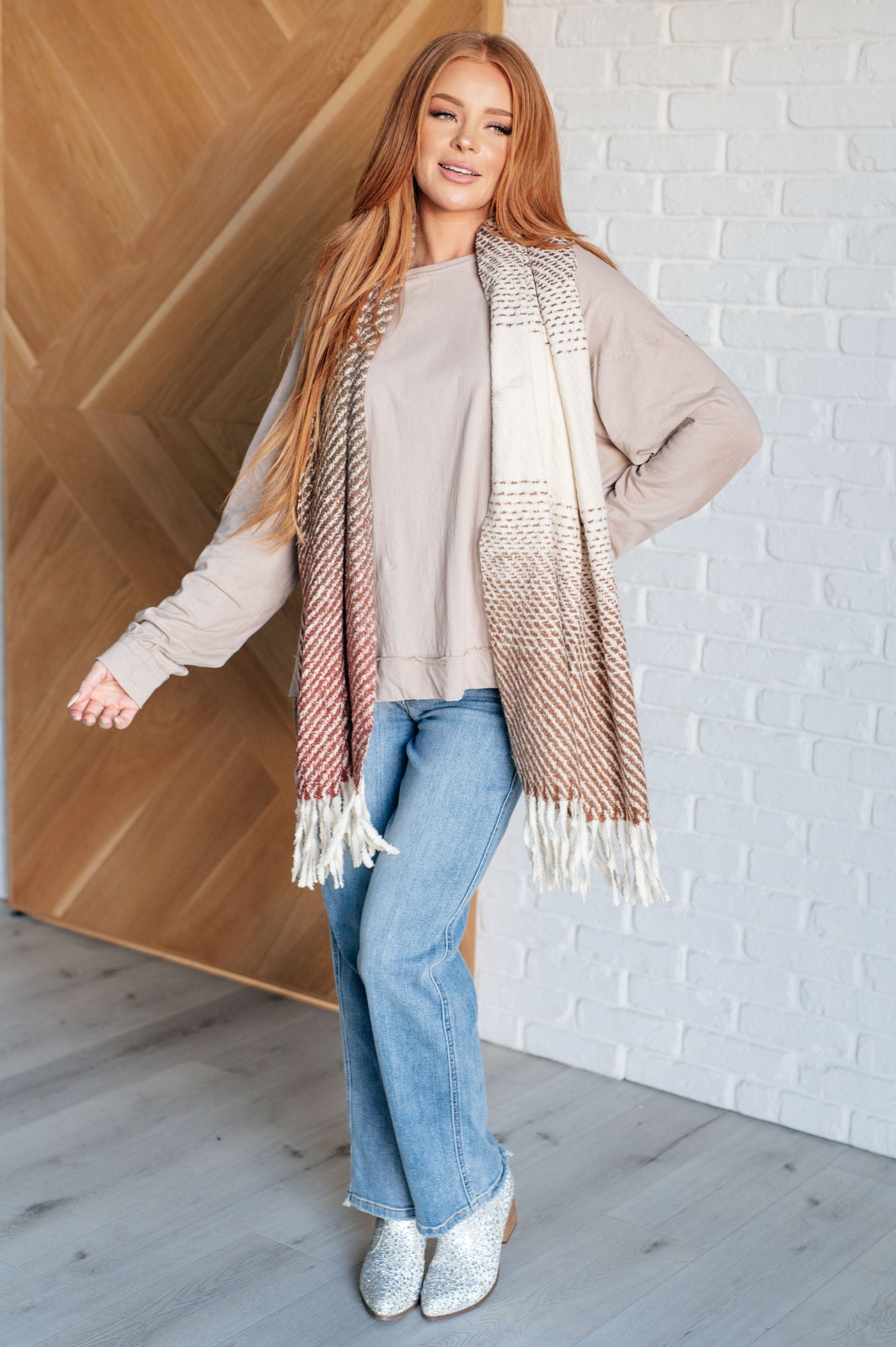 Cold Front Fringe Scarf in Coffee and Red Southern Soul Collectives