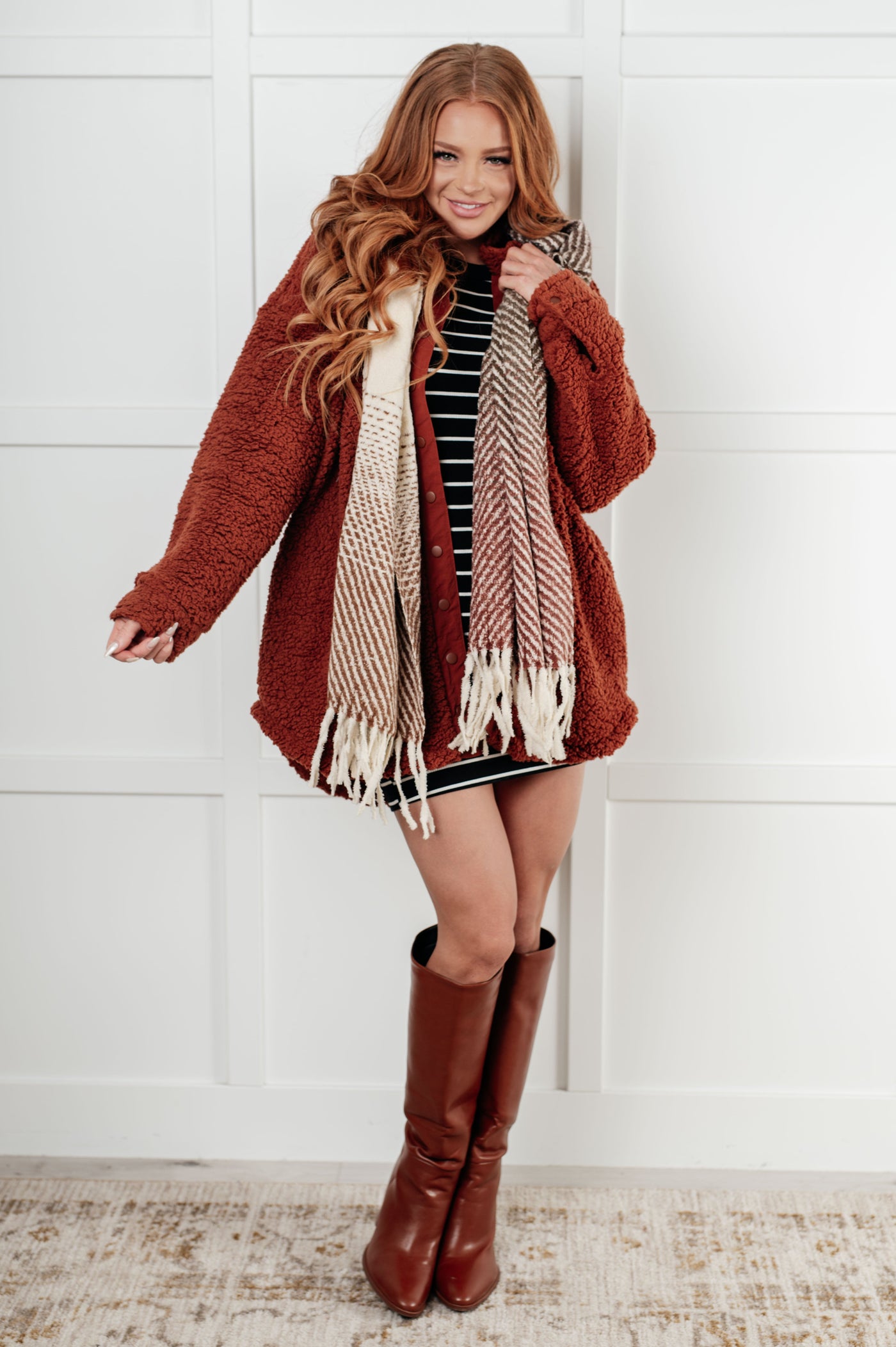 Cold Front Fringe Scarf in Coffee and Red Southern Soul Collectives