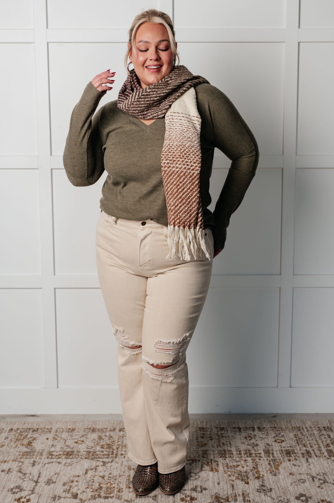 Cold Front Fringe Scarf in Coffee and Red Southern Soul Collectives