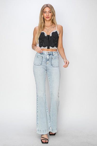 Risen High Rise Front Patch Pocket Flare Jeans Southern Soul Collectives