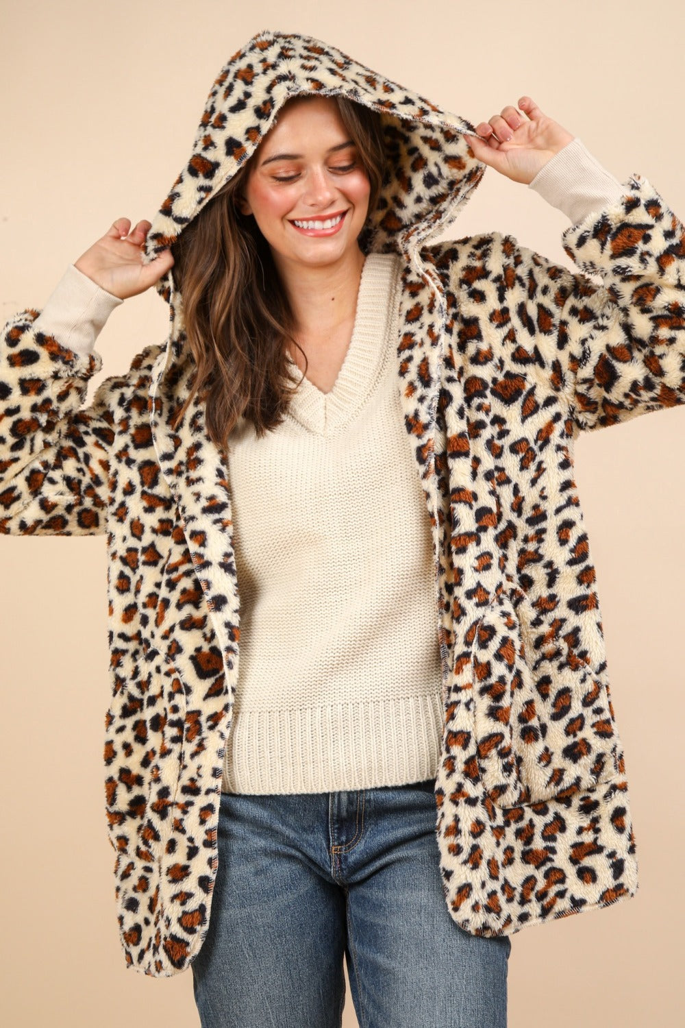 Fuzzy Leopard Print Long Sleeve Hooded Jacket in Ivory Southern Soul Collectives