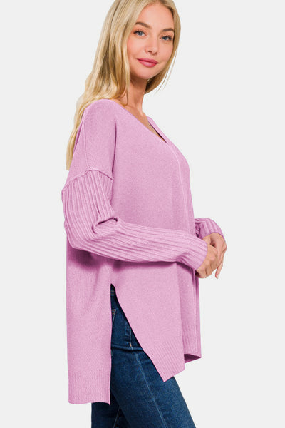 Zenana V-Neck Side Slit High-Low Sweater Southern Soul Collectives