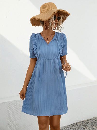 Tie Neck Ruffle Front Short Sleeve Mini Dress in Two Colors Southern Soul Collectives