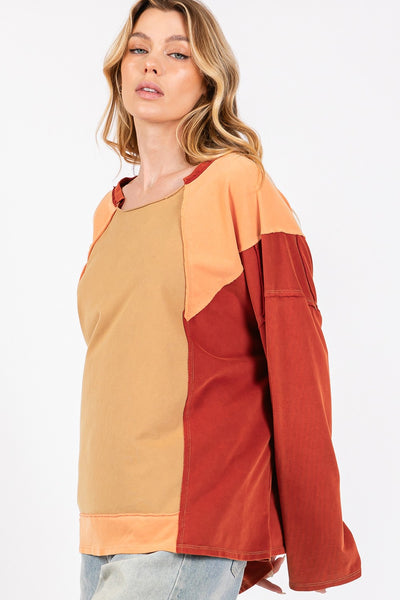 Mineral Wash Color Block Pullover Top in Red Toast Southern Soul Collectives