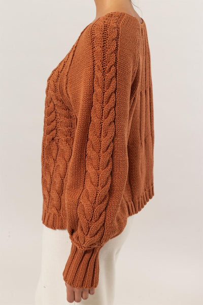 Cable-Knit Round Neck Raglan Sleeve Sweater in Rust Southern Soul Collectives