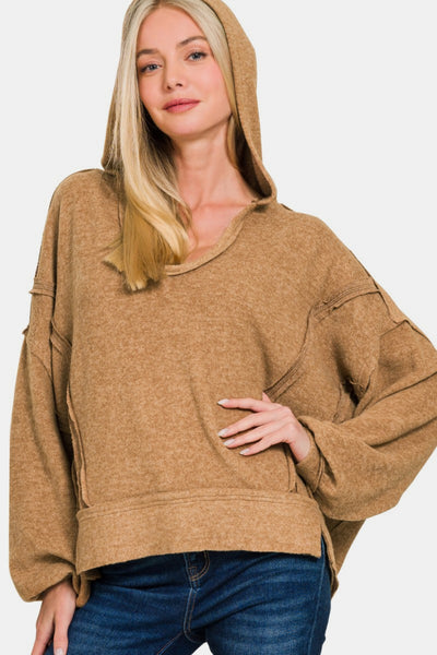 Zenana Brushed Hacci Exposed Seam Hoodie in Camel Southern Soul Collectives