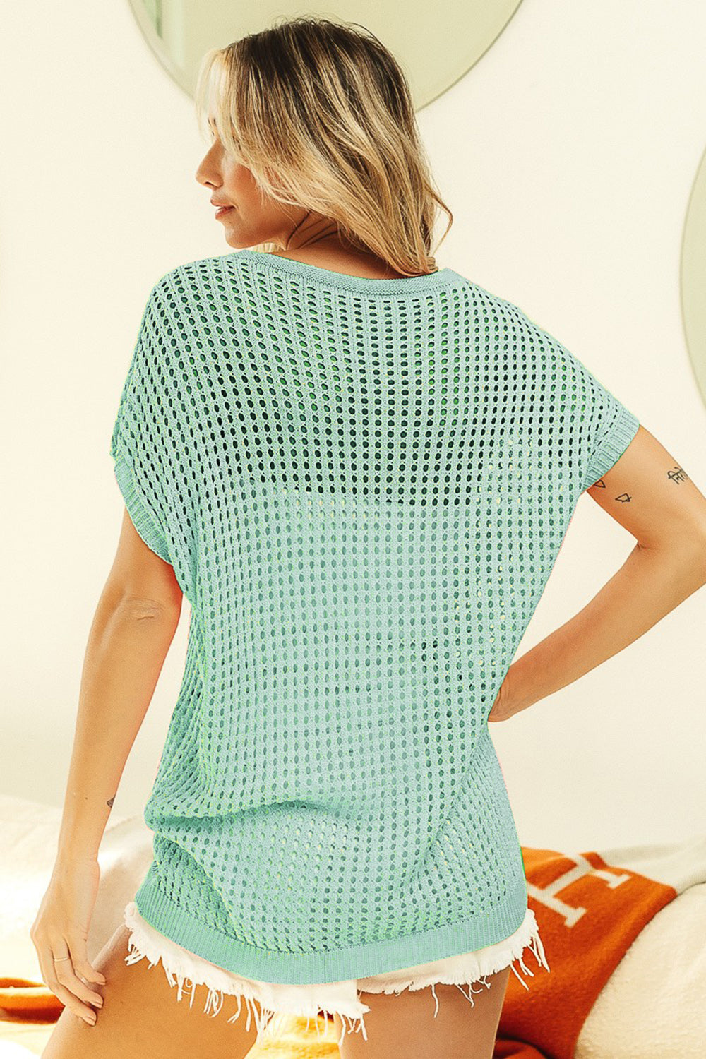 Openwork Fishnet Short Sleeve Knit Swim Cover Up in Sage Southern Soul Collectives