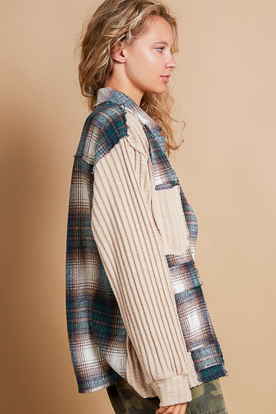 Plaid Contrast Button Down Shacket in Beige Olive Southern Soul Collectives