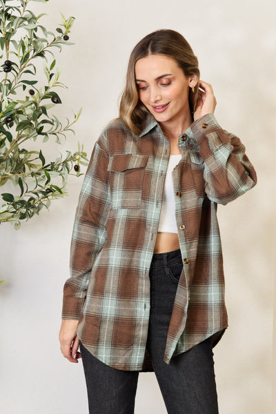 Plaid Dropped Shoulder Button Up Shirt in Olive Brown Southern Soul Collectives