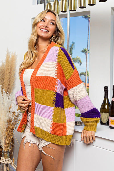 Checkered Color Block Sweater Cardigan Southern Soul Collectives