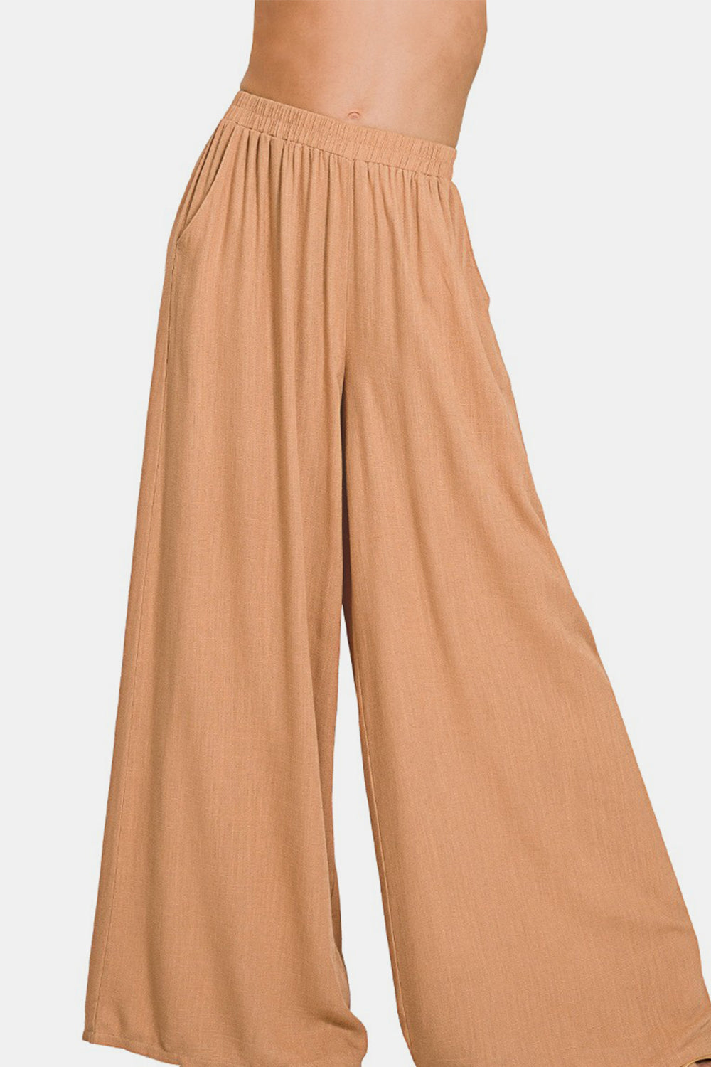 Zenana Pleated Linen Blend Wide Leg Pants in Dark Brush Southern Soul Collectives