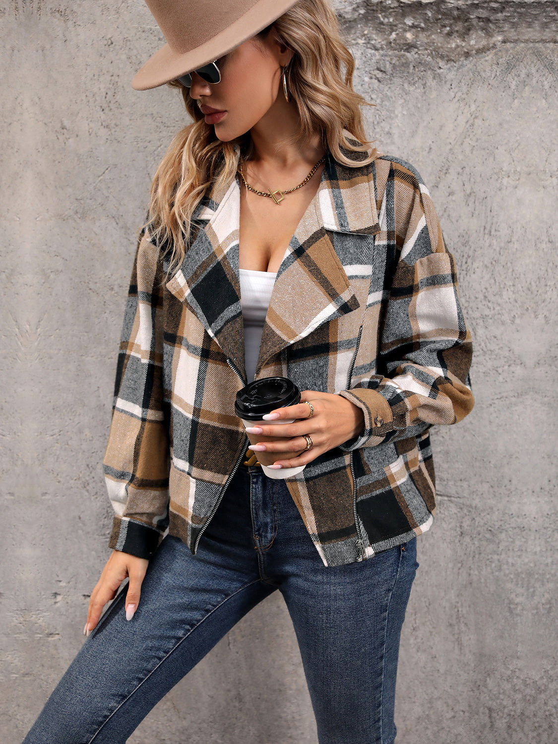 Perfee Plaid Collared Neck Long Sleeve Jacket Southern Soul Collectives