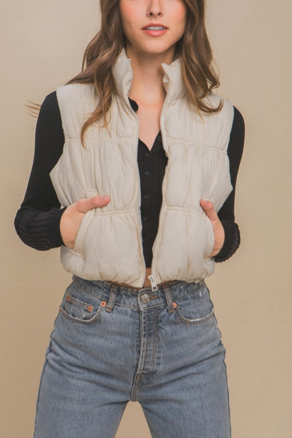 Zip Up Turtleneck Cropped Vest Coat in Cream Southern Soul Collectives