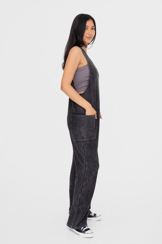 Mineral-Washed V Neck Overalls with Pockets in Black Southern Soul Collectives