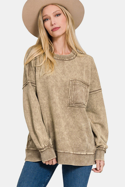 Zenana Exposed Seam Round Neck Dropped Shoulder Sweatshirt Southern Soul Collectives