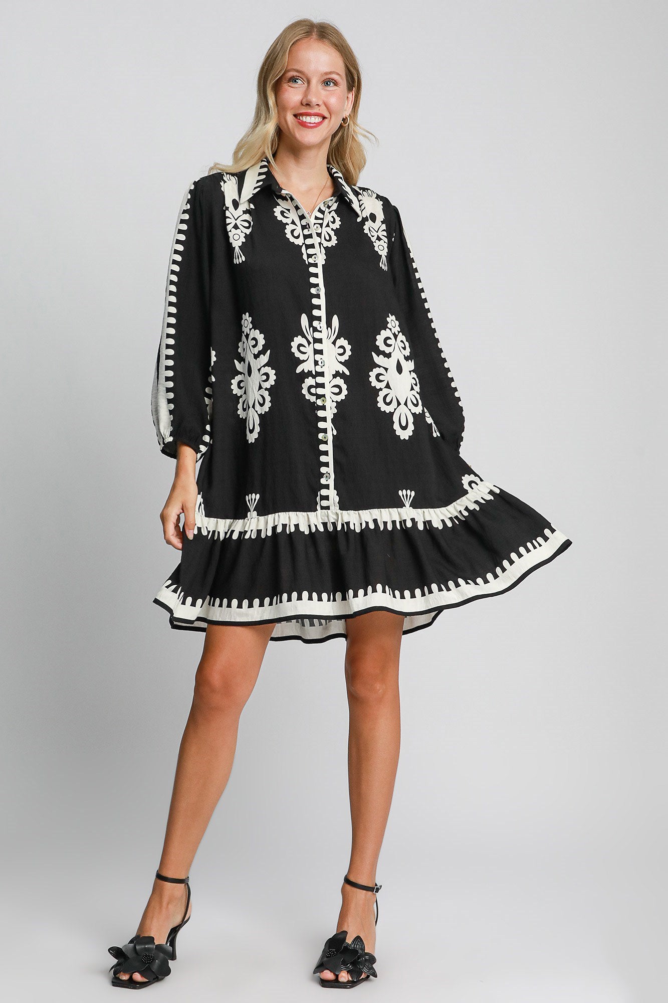 BOHO Border Print Button Down Ruffled Hem Dress in Black Southern Soul Collectives