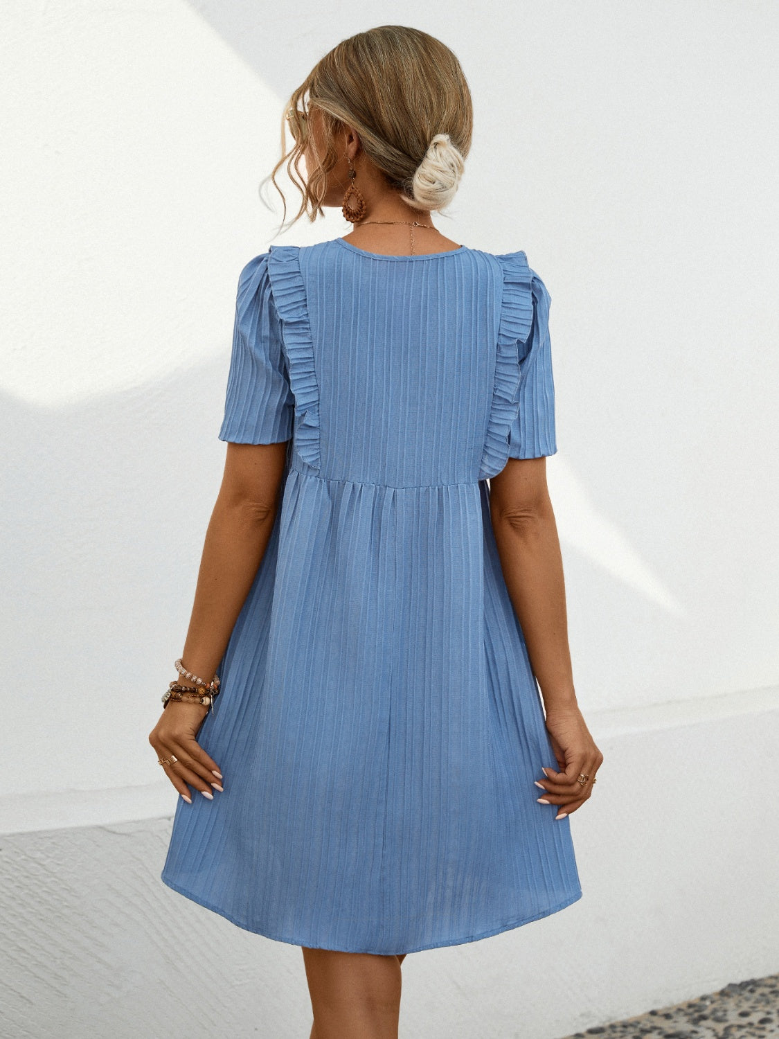 Tie Neck Ruffle Front Short Sleeve Mini Dress in Two Colors Southern Soul Collectives