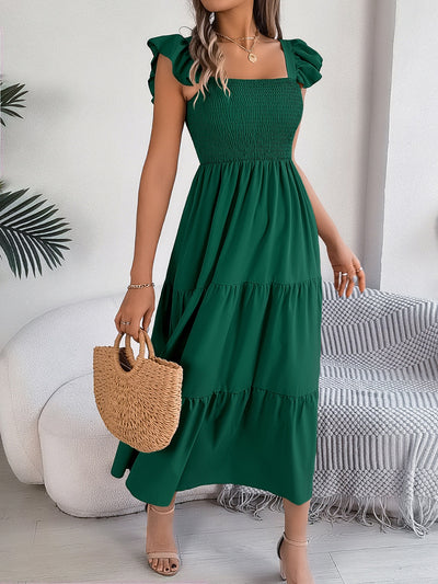 Smocked Square Neck Cap Sleeve Midi Dress Southern Soul Collectives