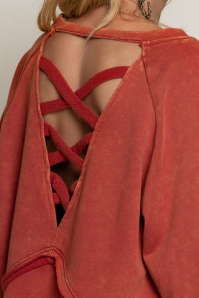 Open Back Criss Cross Strap Detail Balloon Sleeve Sweatshirt in Golden Poppy Red Southern Soul Collectives