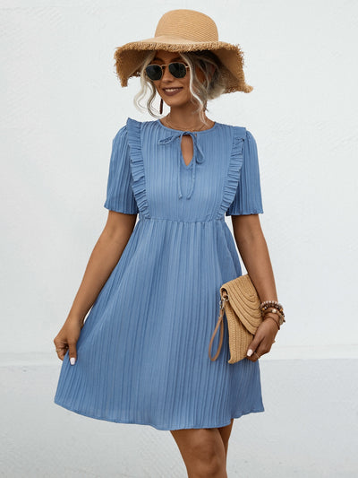 Tie Neck Ruffle Front Short Sleeve Mini Dress in Two Colors Southern Soul Collectives