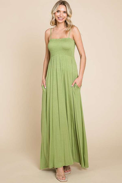 Smocked Bodice Cami Maxi Dress with Pockets in Olive Green Southern Soul Collectives