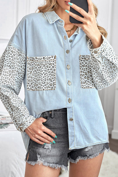 Double Take Leopard Contrast Denim Top Southern Soul Collectives