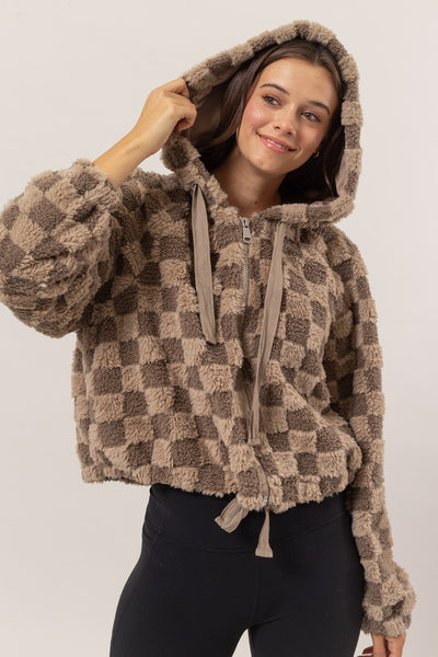 Zip Up Sherpa Checkered Hooded Jacket in Mocha Brown Southern Soul Collectives