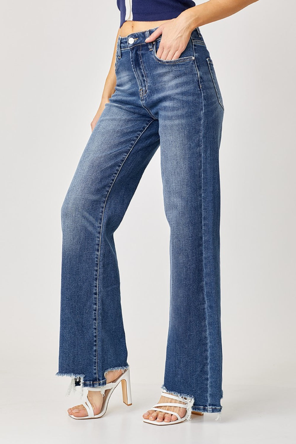 Risen High Rise Frayed Shark Bite Hem Wide Leg Jeans Southern Soul Collectives