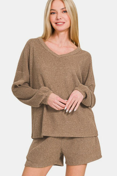 Zenana V-Neck Long Sleeve Ribbed Top and Shorts Set in Camel Taupe Southern Soul Collectives