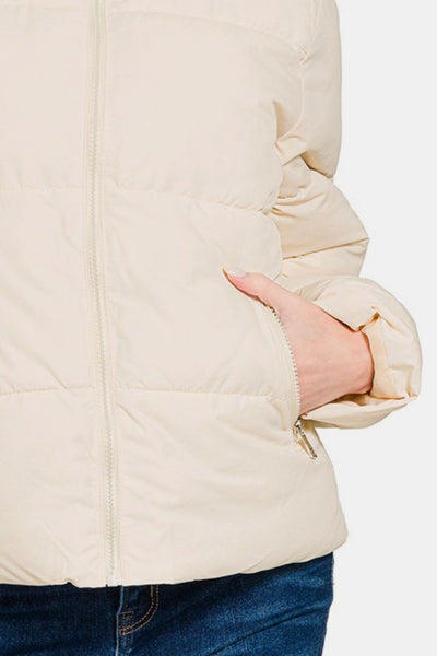 Zenana Zip Up Turtleneck Puffer Jacket with Pockets in Cream Southern Soul Collectives