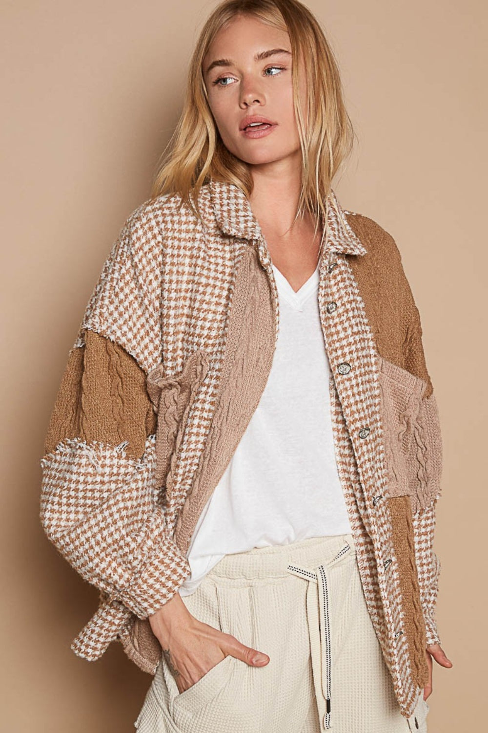 Houndstooth Contrast Cable Knit Pocket Shacket in Mocha Southern Soul Collectives