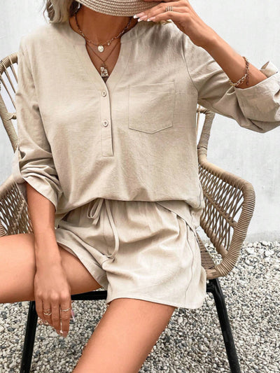 Notched V-Neck Button Front Rolled Long Sleeve Top and Shorts Set in Multiple Colors Southern Soul Collectives