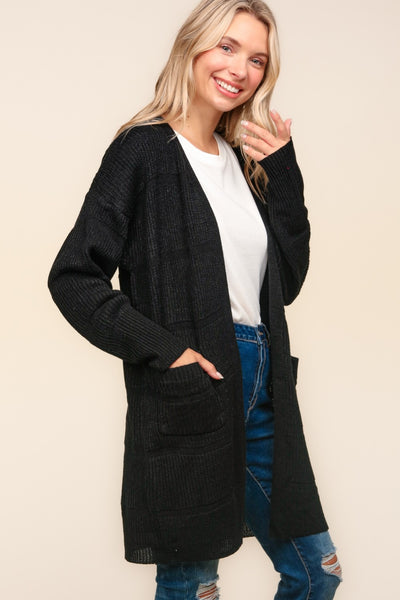 Stripe Textured Open Front Cardigan with Pockets in Black Southern Soul Collectives